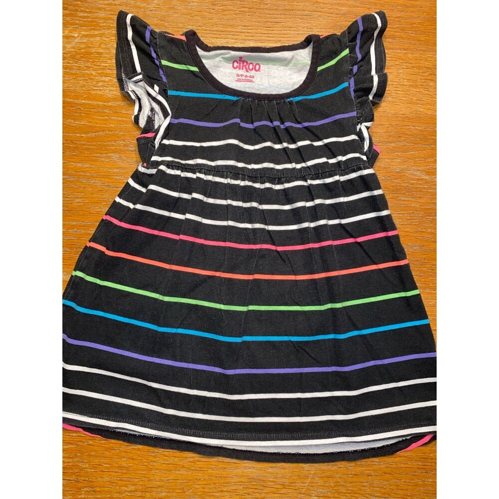Toddler Circo S/P 6X Black Dress With Multicolored Stripes & Ruffle Sleeves